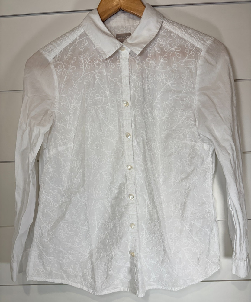 Women's CHICO'S White Vines Embroidered Button Up Shirt Blouse Size 0, US Sz 4/6