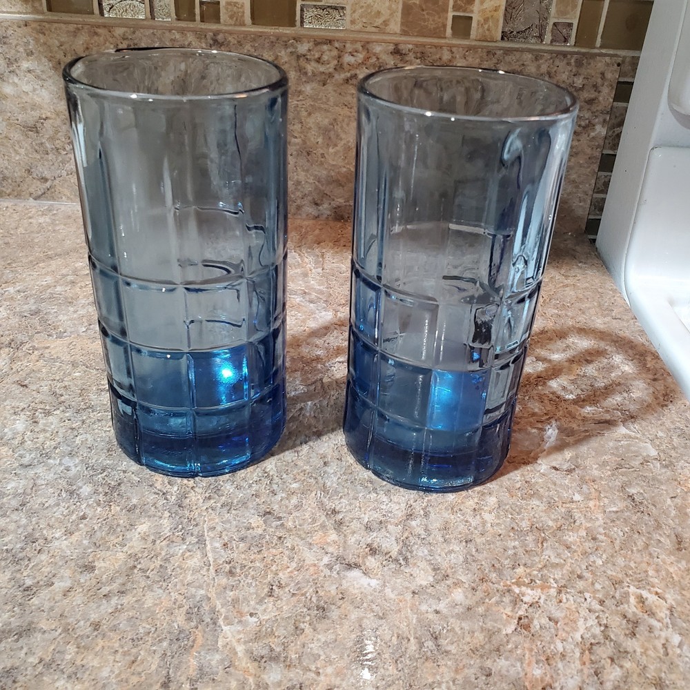 Pair Of Anchor Hocking Tartan Denim Blue Heavy Drinking Glasses 6