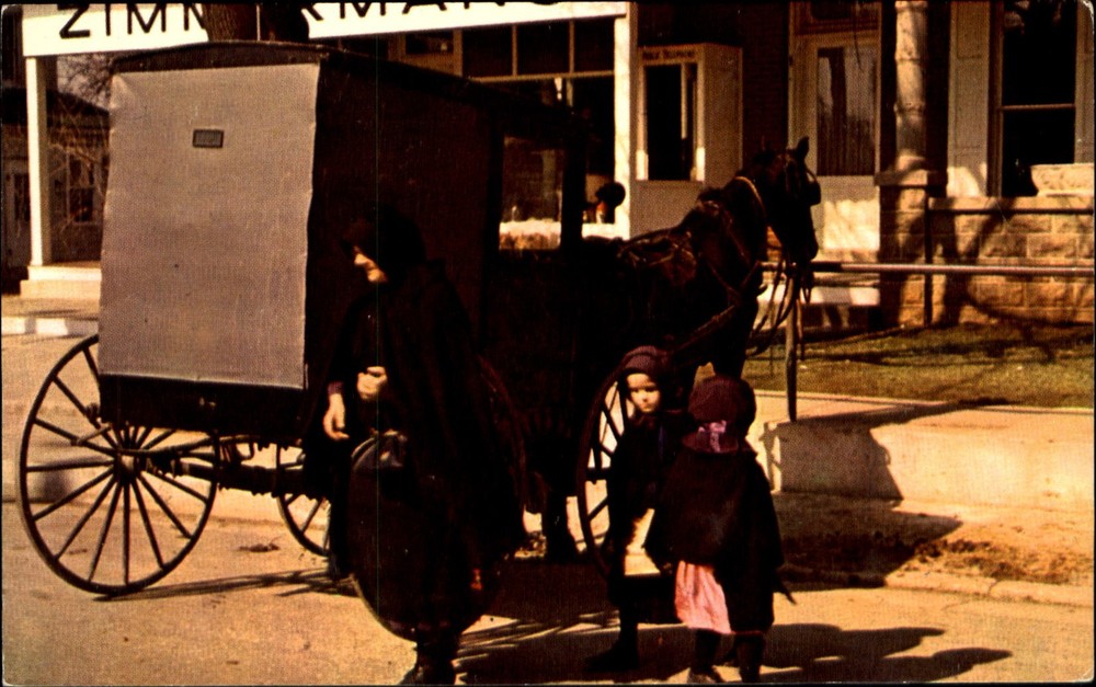 Amish mother and daughters~horse drawn buggy~Pennsylvania Dutch Country