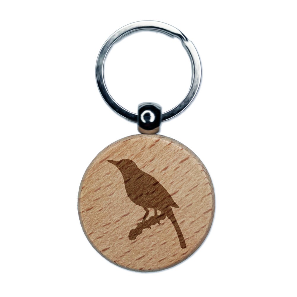 Engraved Wooden Bird on Branch Round Keychain Charm