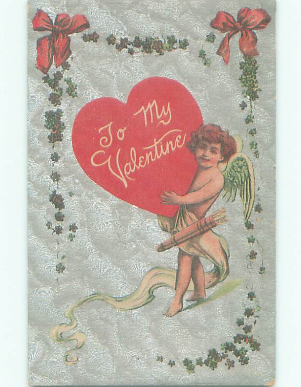 Valentine Cupid with Large Heart & Pink Ribbon Pre-Linen Card K5937 60k