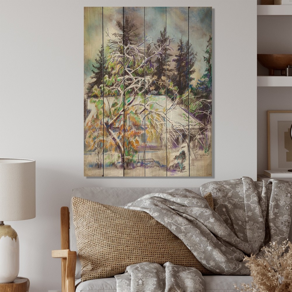 Designart 'Winter Farmhouse Landscape' Cabin & Lodge Wood