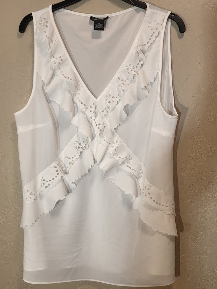 Spense White Sleeveless V-Neck Ruffle Eyelet Woven Polyester Pullover Top XL