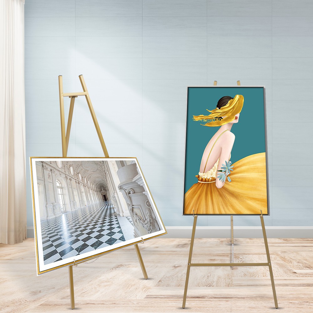 Tall Gold Steel Pipe Floor Easel Stand for Large Decorative Display