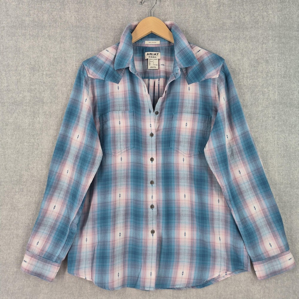 Ariat REAL Billie Jean Shirt Womens Large Blue Pink Plaid Western Long Sleeve