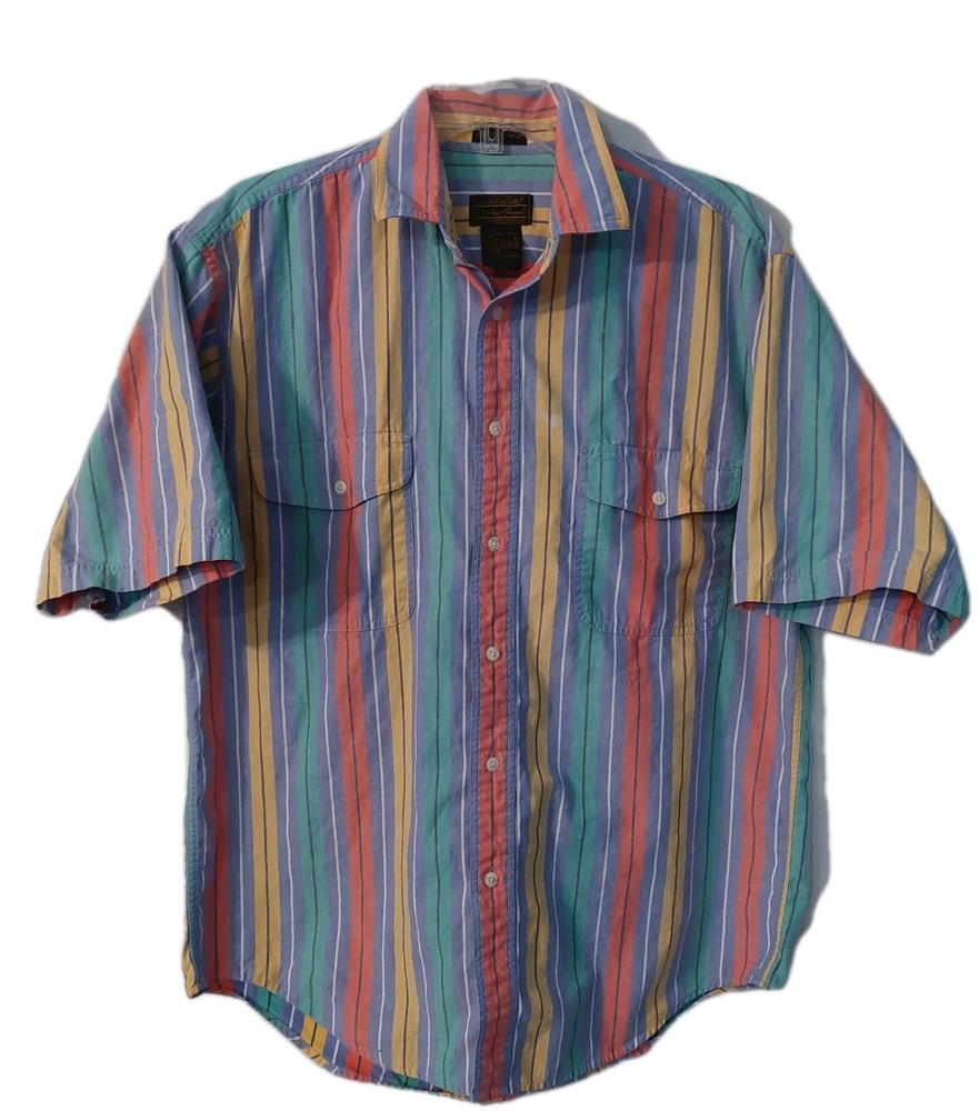 Eddie Bauer Men’s Shirt Size Large Striped Pastel Rainbow Button Up Short Sleeve