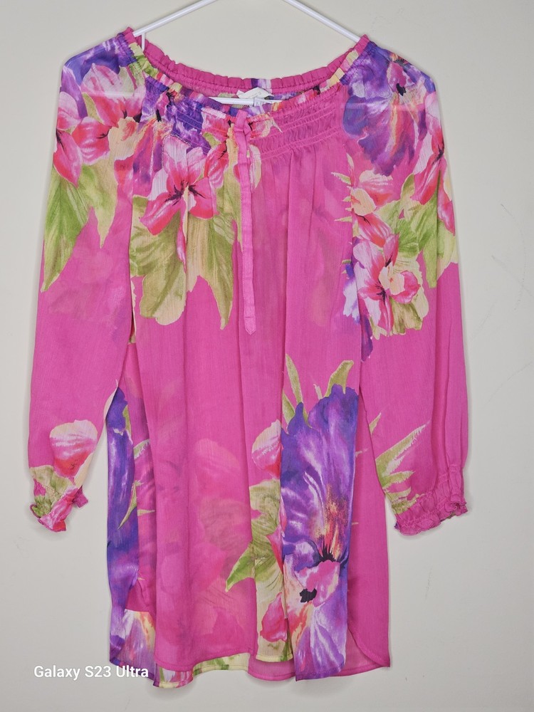 Chico's Women's Pink Floral Sequin Sheer Tunic Blouse Long Sleeve Size 2