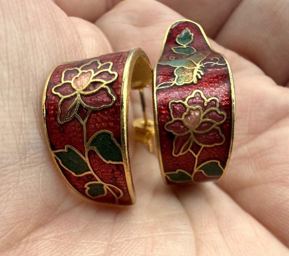 Vintage Cloisonne Enamel Floral Earrings Butterfly Red Gold Tone J Hoop Post