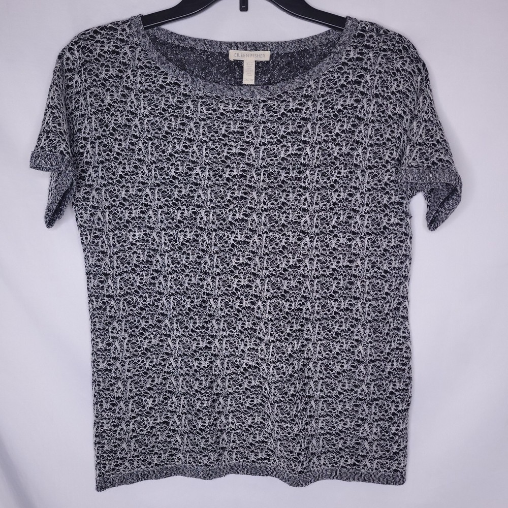 Eileen Fisher Top XXS Organic Linen Black White Bone Textured