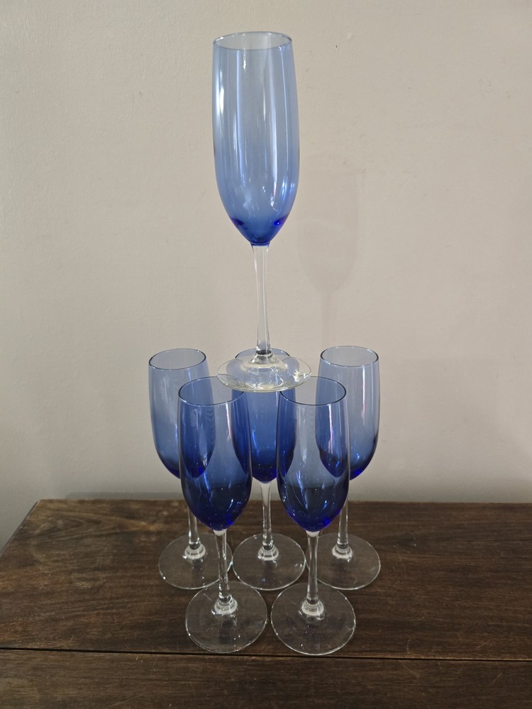 VTG 6pc Peir I Pantiago Blue Cobalt Blue Clear Stem Hand Blown Wine Glasses 8oz