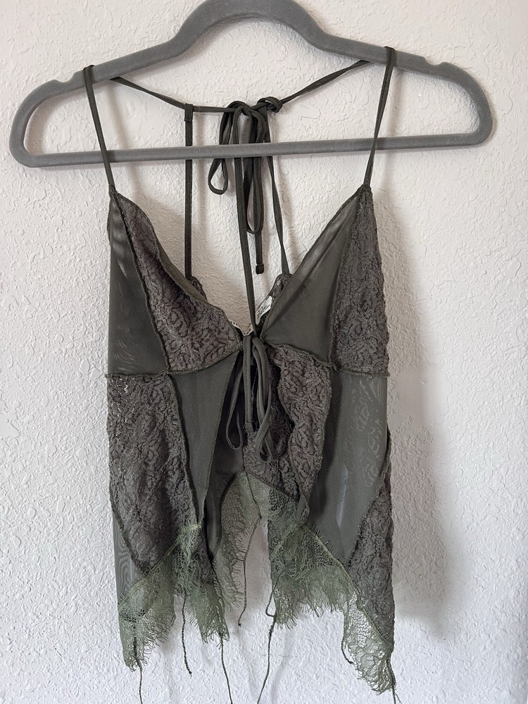 Urban Outfitters Olive Green Lace Mesh Tie V-Neck Sleeveless Camisole Top S