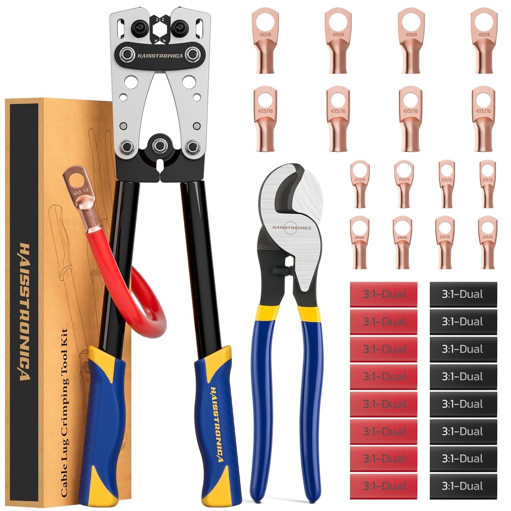 Professional Battery Cable Lug Crimper Kit for 8 to 1/0 AWG Automotive Wiring