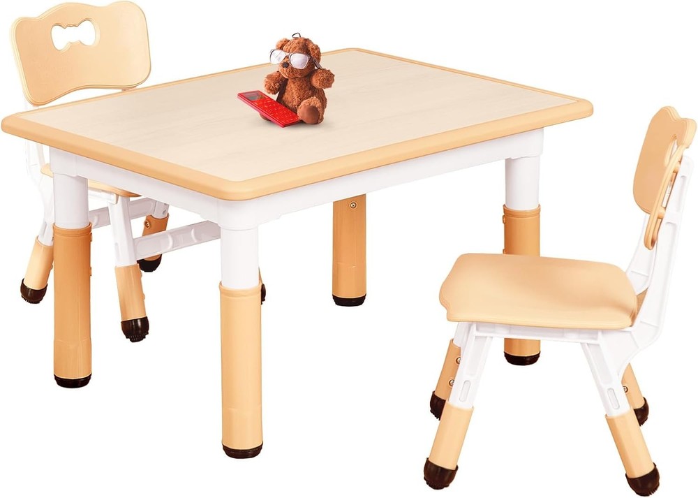 FUNLIO Kids Table and 2 Chairs 23.5in*31.5in, Natural Two