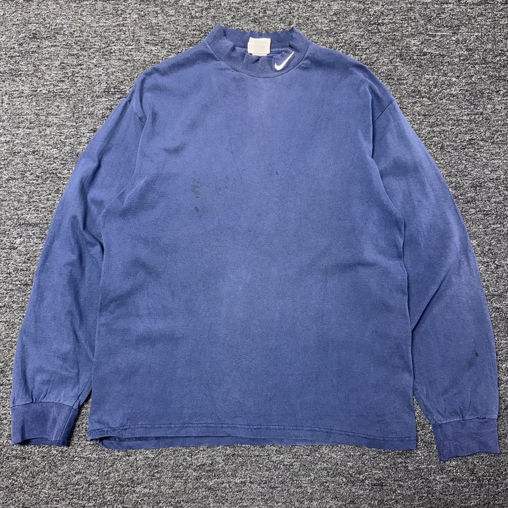 Vintage Y2K Nike Navy Blue Gradient Sun Faded Mock Neck Long Sleeve T-Shirt Sz L