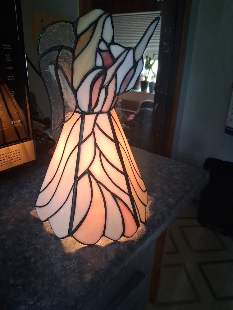 Vintage Tiffany Style Staned Glass Angel Bedside Table Lamp Works. Beautiful