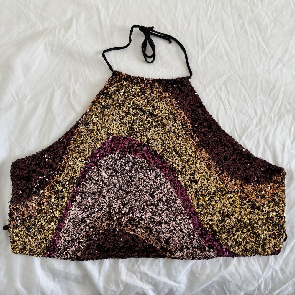 Stradivarius Sequin Halter Crop Top Multicolor Gold Brown Pink Abstract Size M