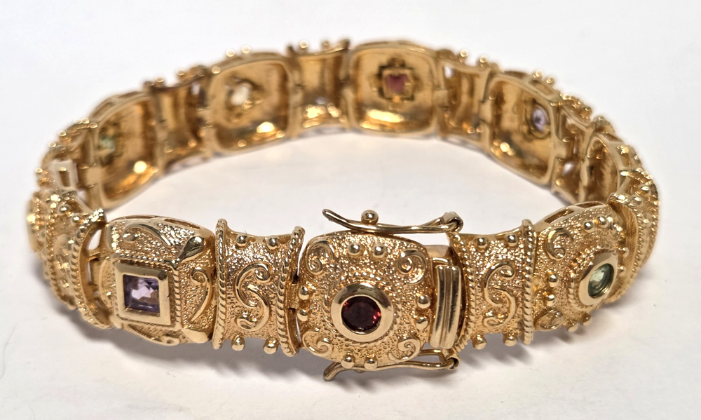 Etruscan Revival Gold Over Sterling Silver Gemstone Bracelet 7