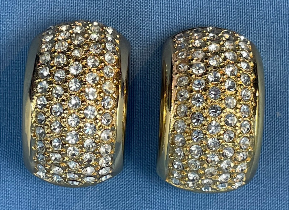 Vintage Christian Dior Pave Crystal Rhinestone Gold-Tone Half Hoop Clip Earrings