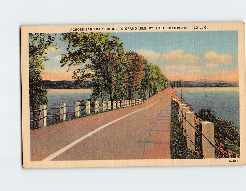 Postcard Across Sand Bar Bridge to Grand Isle Vermont Lake Champlain USA