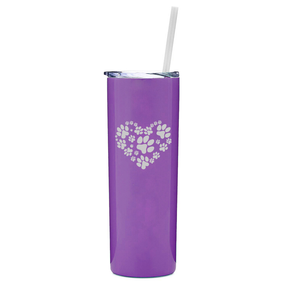 20 oz Skinny Tumbler Stainless Insulated Travel Mug w Straw Heart Paw Prints