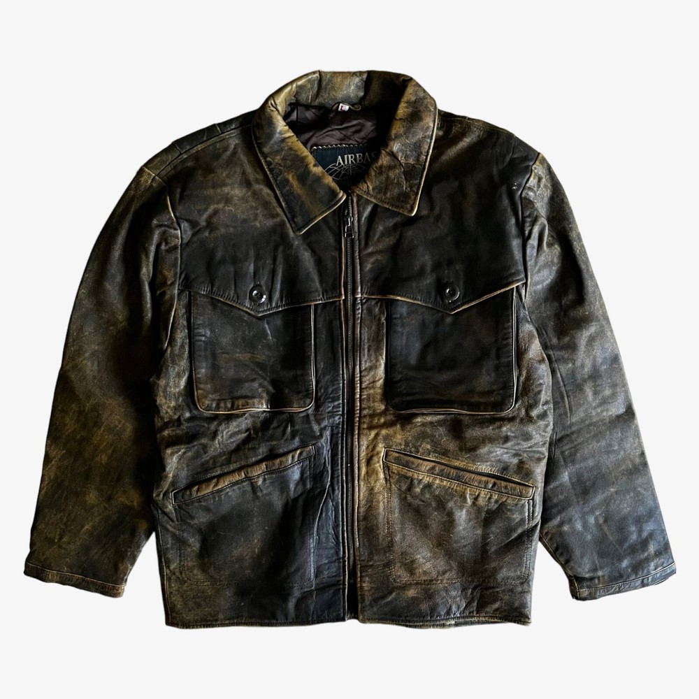 90s Vintage Brown Leather Pilot Jacket Biker Motorcycle Aviator Style  