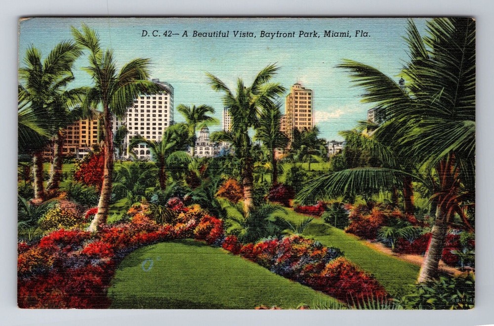 Miami FL-Florida, Vista, Bayfront Park, Antique, Vintage Souvenir Postcard