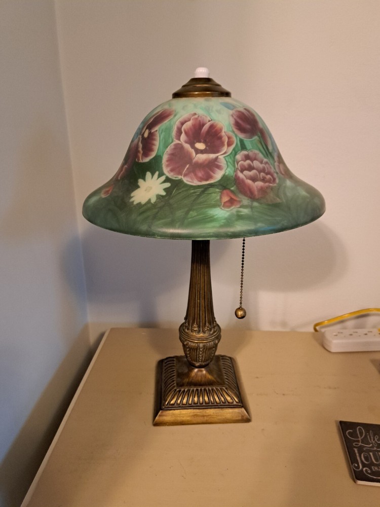 Vintage Floral Pull Chain Lamp Reverse Painted