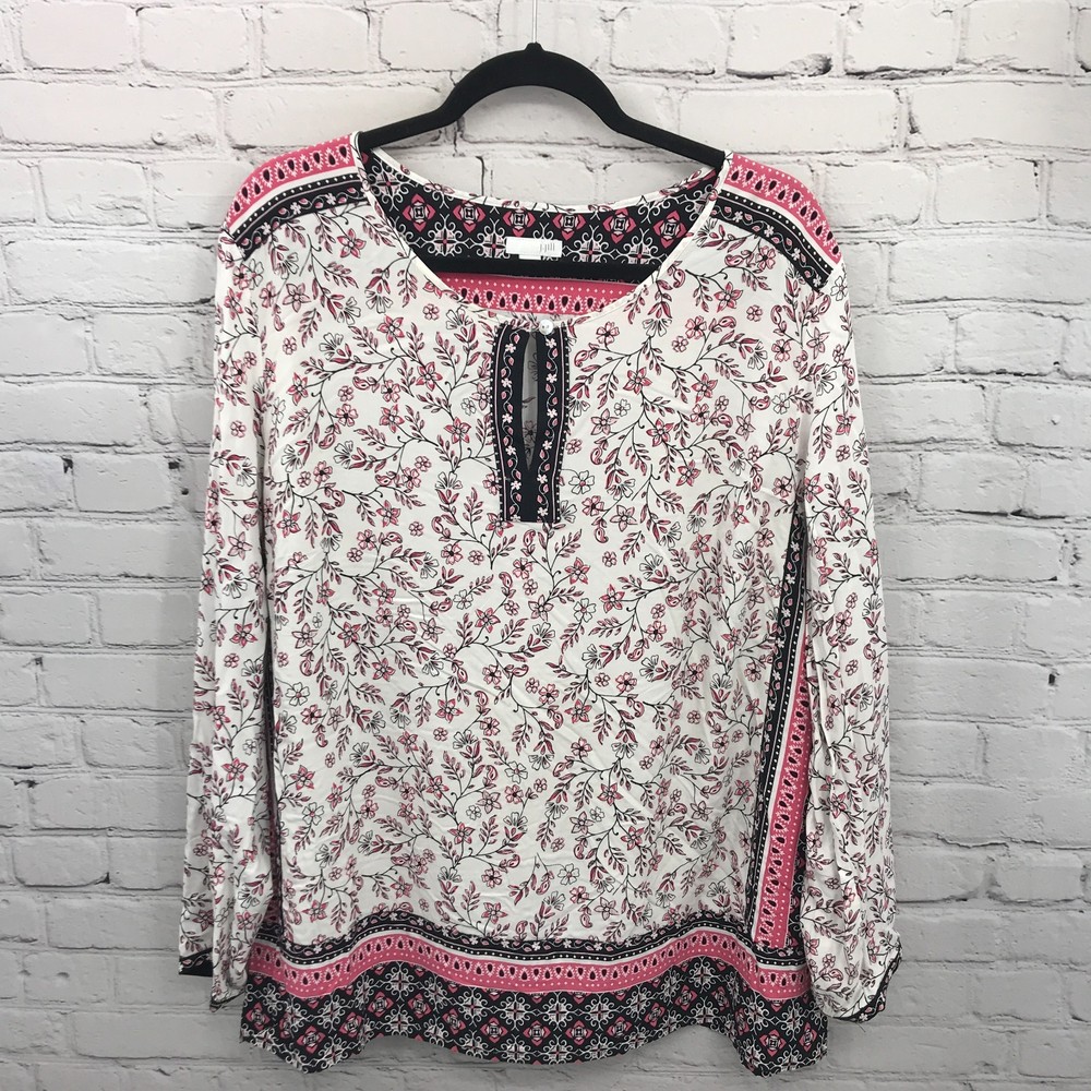 J Jill Top Womens Extra Large White Floral Pullover Long Sleeve Casual Blouse