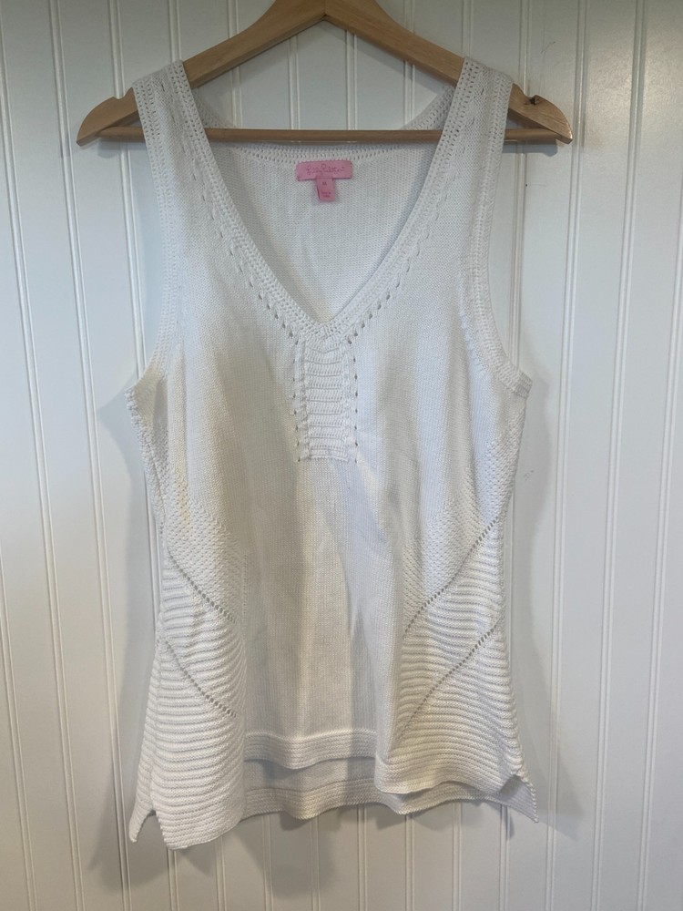 LILLY PULITZER Tank Top MED Resort White Coco Sleeveless Sweater Pointelle Knit