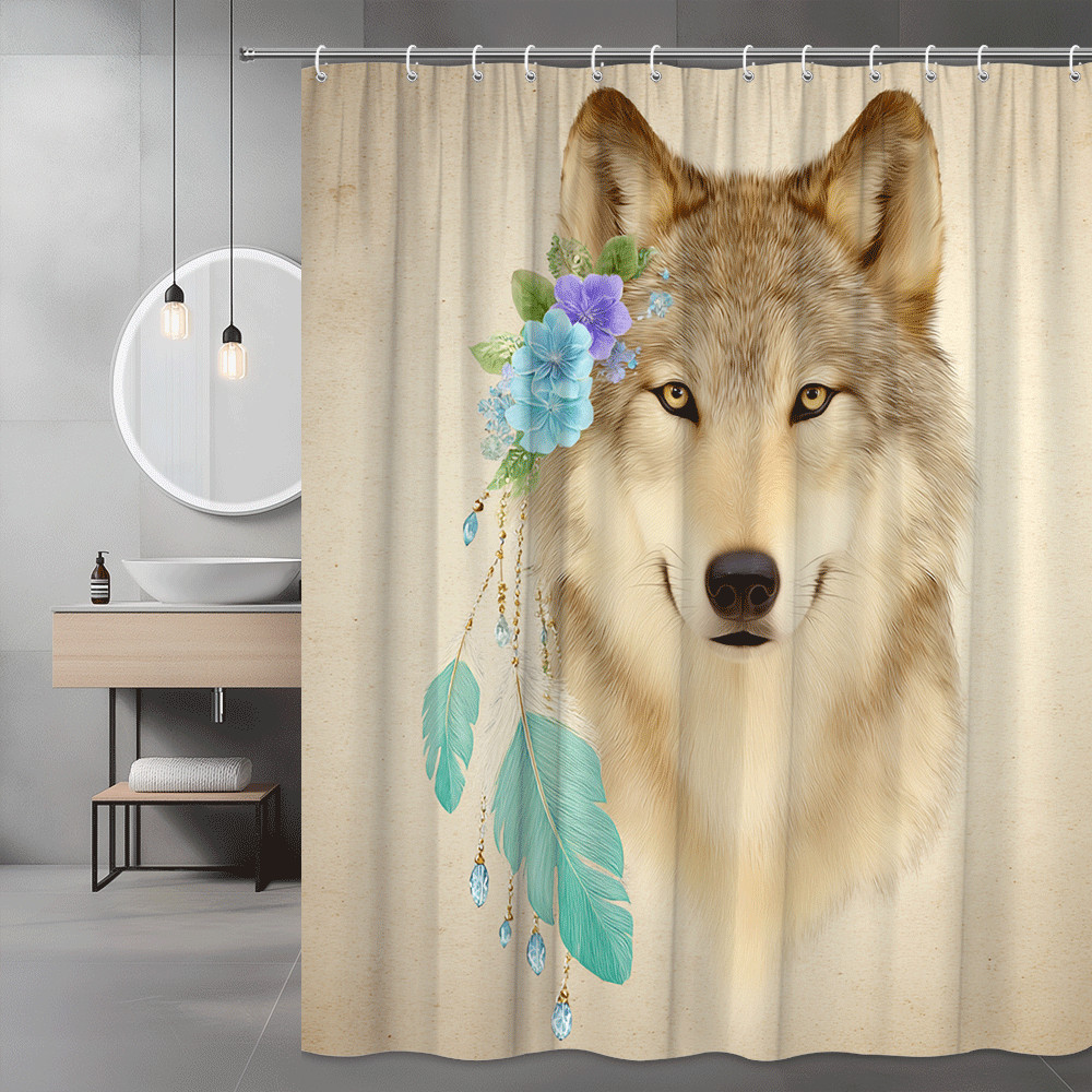 Wolf Floral Boho Shower Curtain, Animal Print Bathroom Decor