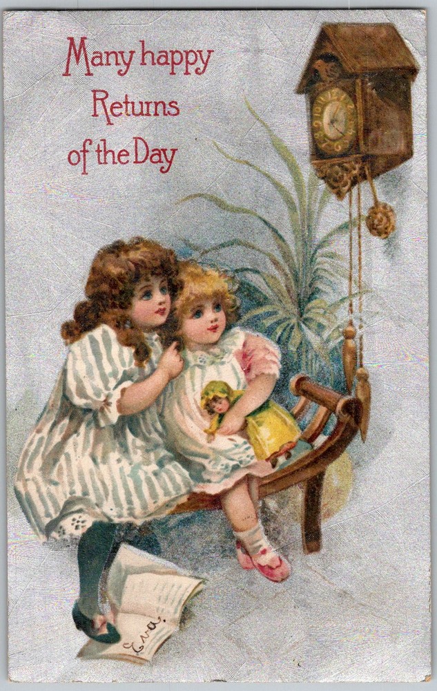 Antique Postcard Children Cuckoo Clock Greenville, IL 1910s