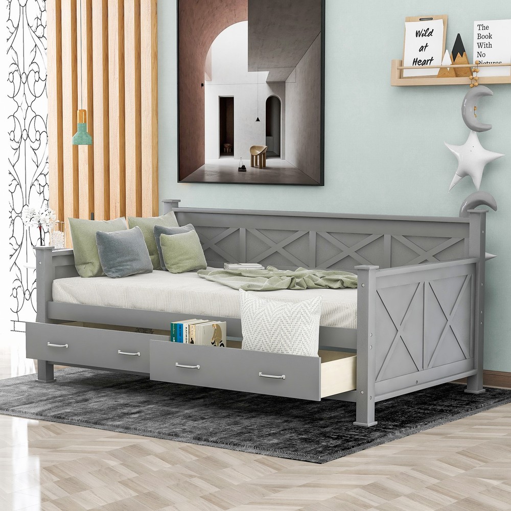 Twin Size Daybed with 2 Large Drawers, X-shaped Frame, Modern and Rustic Casual