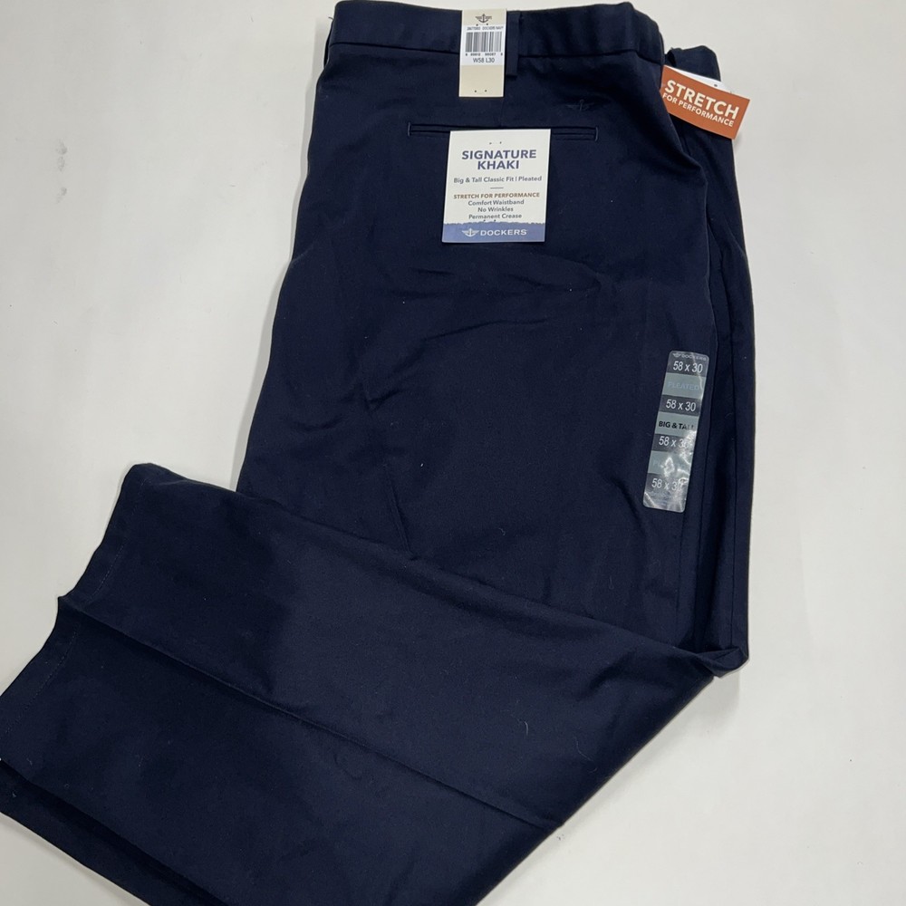 Dockers Signature Khaki Stretch Classic Fit Pleated Pants Sz 58 X 30 Blue NEW