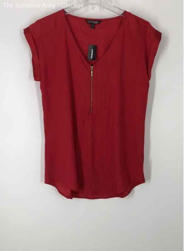 Express Womens Red V-Neck Short Sleeve 1/4 Zip Casual Blouse Top Size M