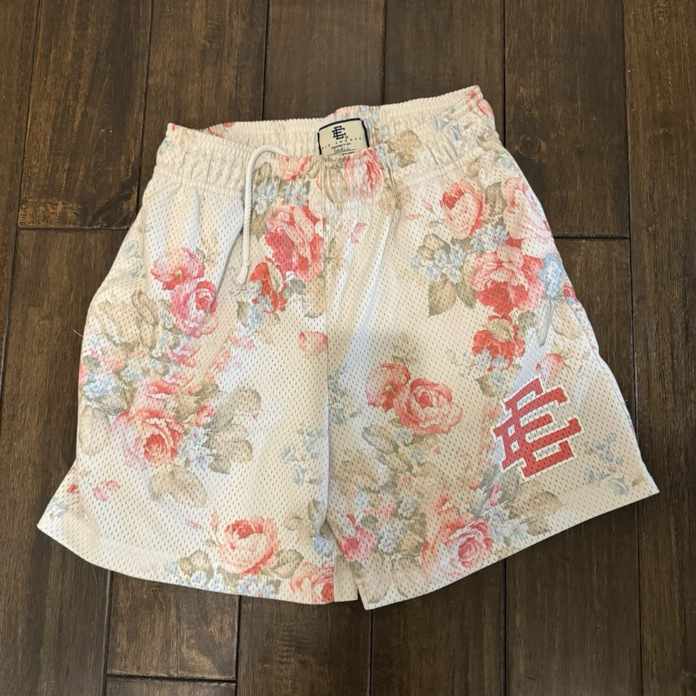 Eric Emanuel Men's Floral Mesh Shorts S White/Pink/Blue Drawstring Elastic