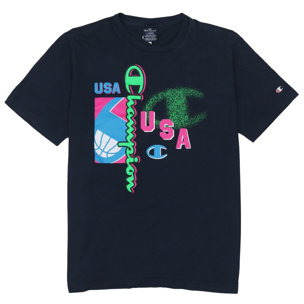 Champion Mens T Shirt Navy Blue USA Graphic Print Embroidered Logo Cotton L