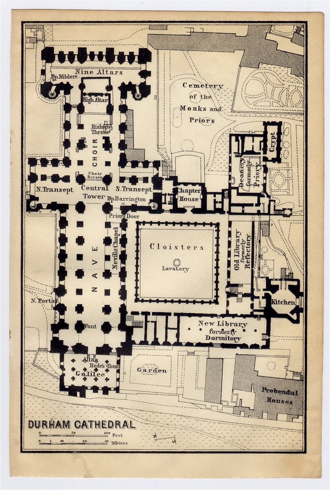1910 Original Antique  Plan Of Durham Cathedral / England