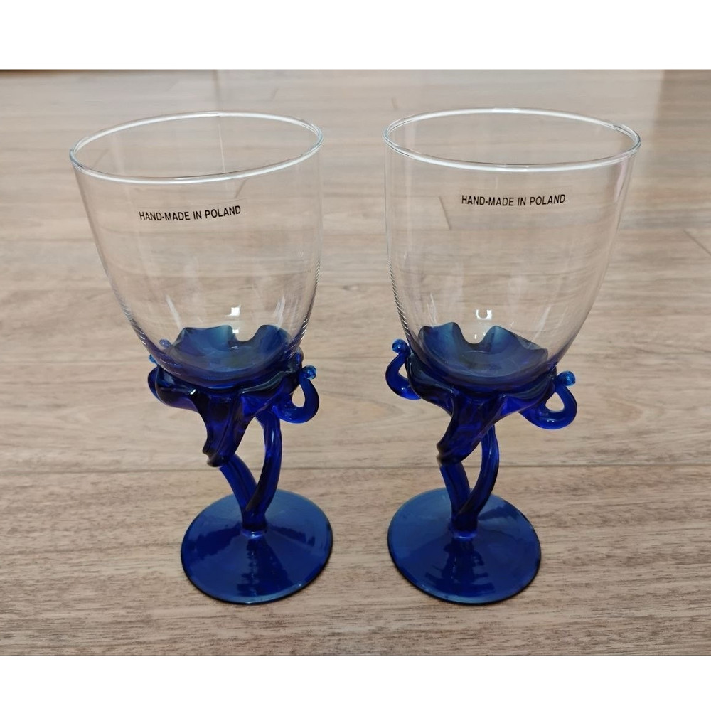 Vintage Polish Blue Glass Goblets Set of 2 Hand Blown Cobalt