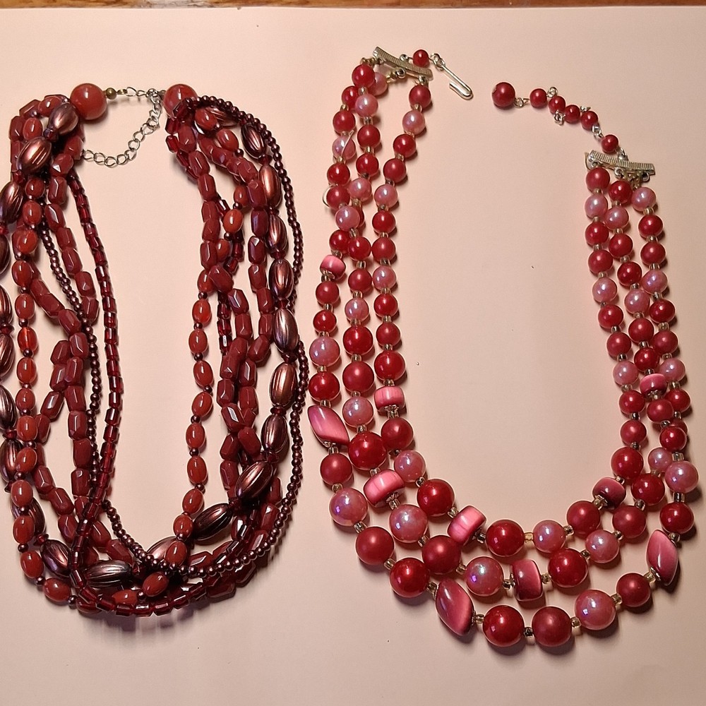 Two Japan Beaded Multi-Strand Necklace Red Pink, Hook Closure Signed