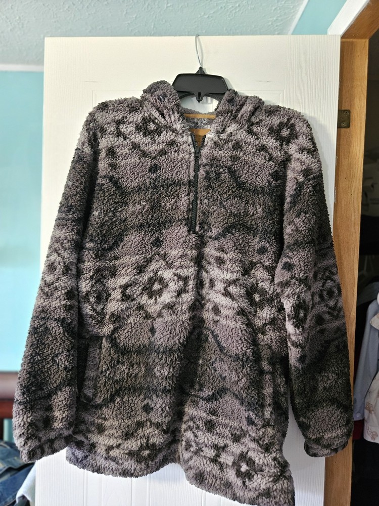 Koolaburra by UGG Brushed Back Sherpa Hoodie Pullover Black Geo Medium