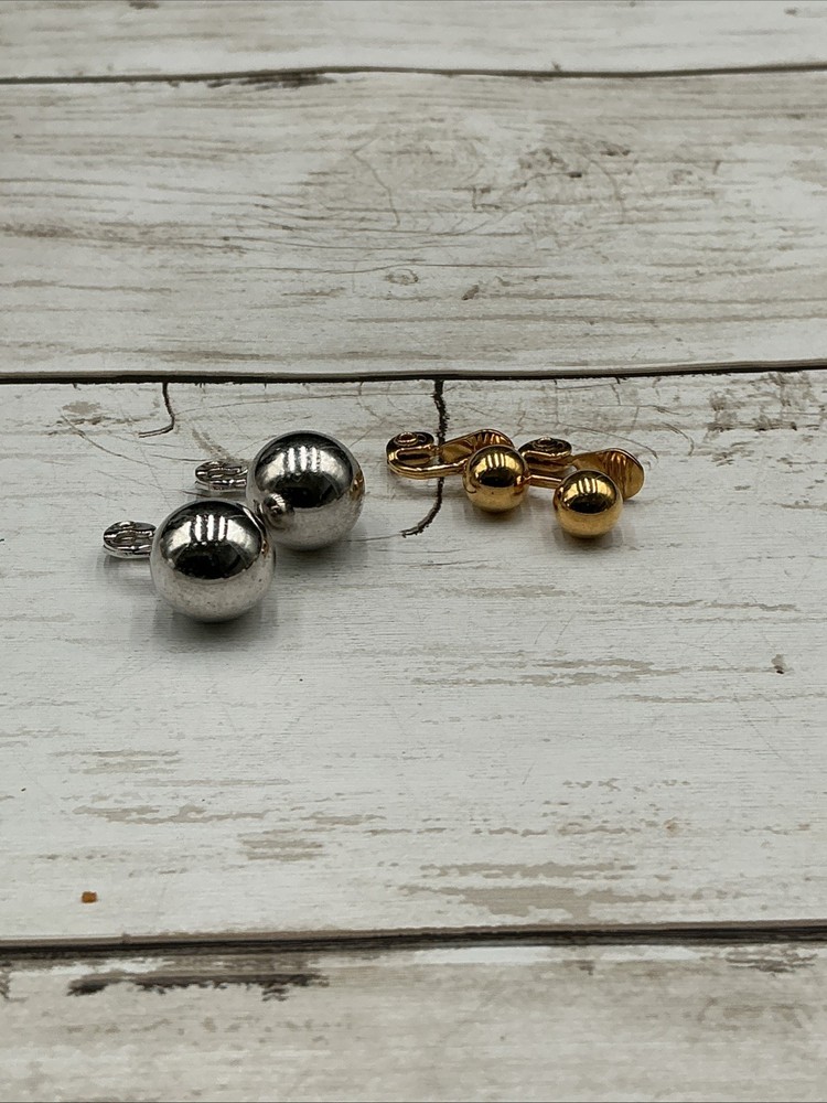 Vintage Monet Gold & Silver Domed Ball Button Clip-On Earrings Set