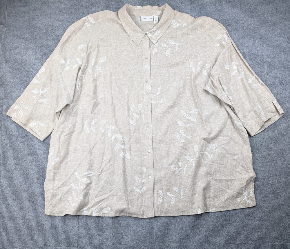 Susan Graver Linen Blouse Womens 4X Floral Embroidered Button Up Coastal Minimal