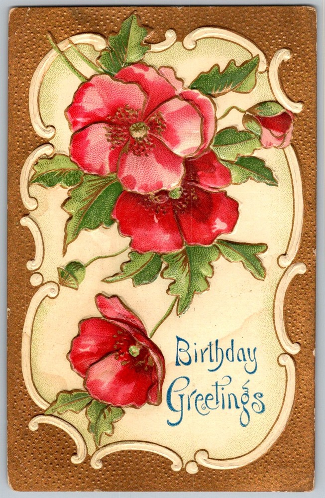 Antique Postcard Poppy Birthday Greeting DE 1910s