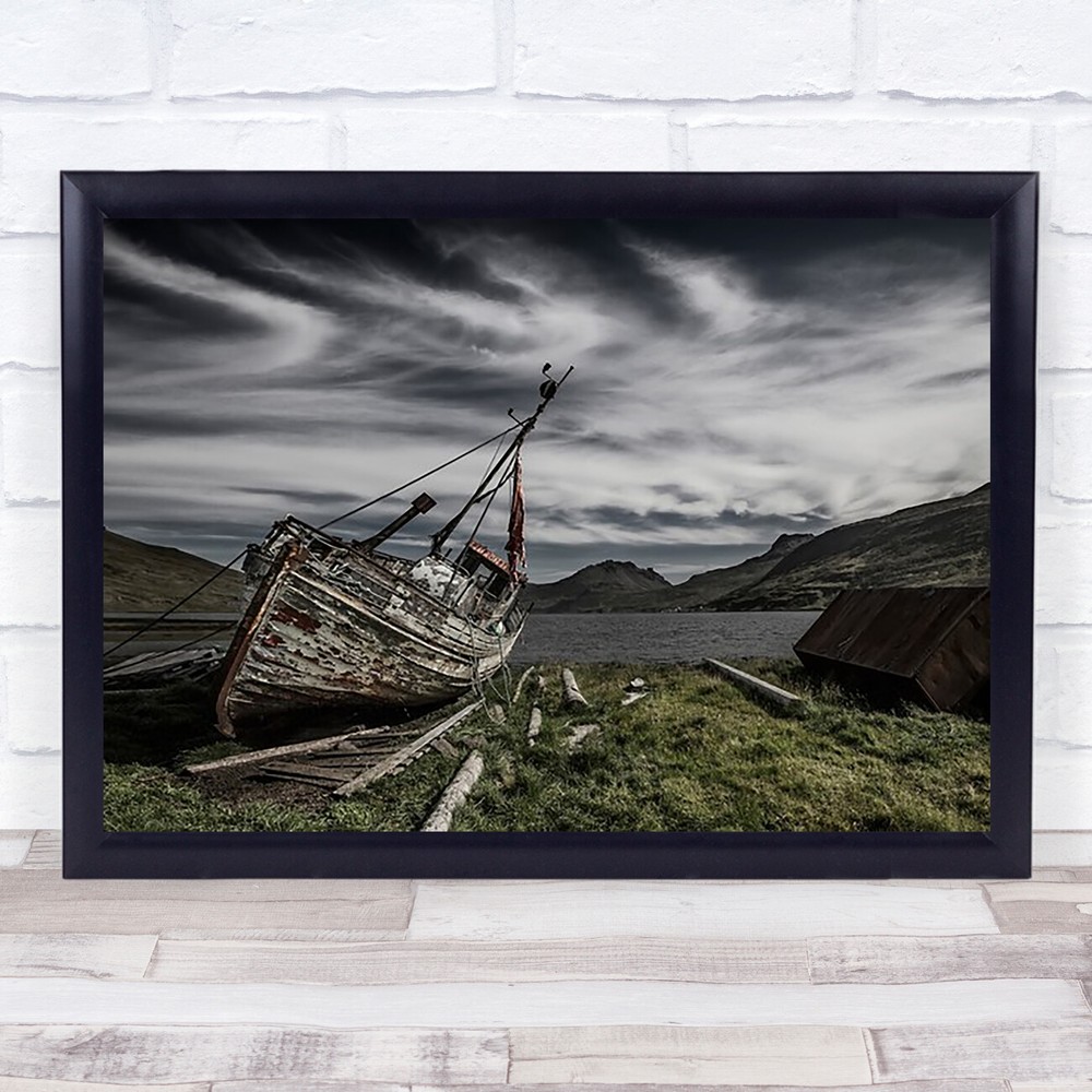 Hrapnn Iceland Ingolfsfjordur Boat Old Sea Water Mountains Sky Wall Art Print