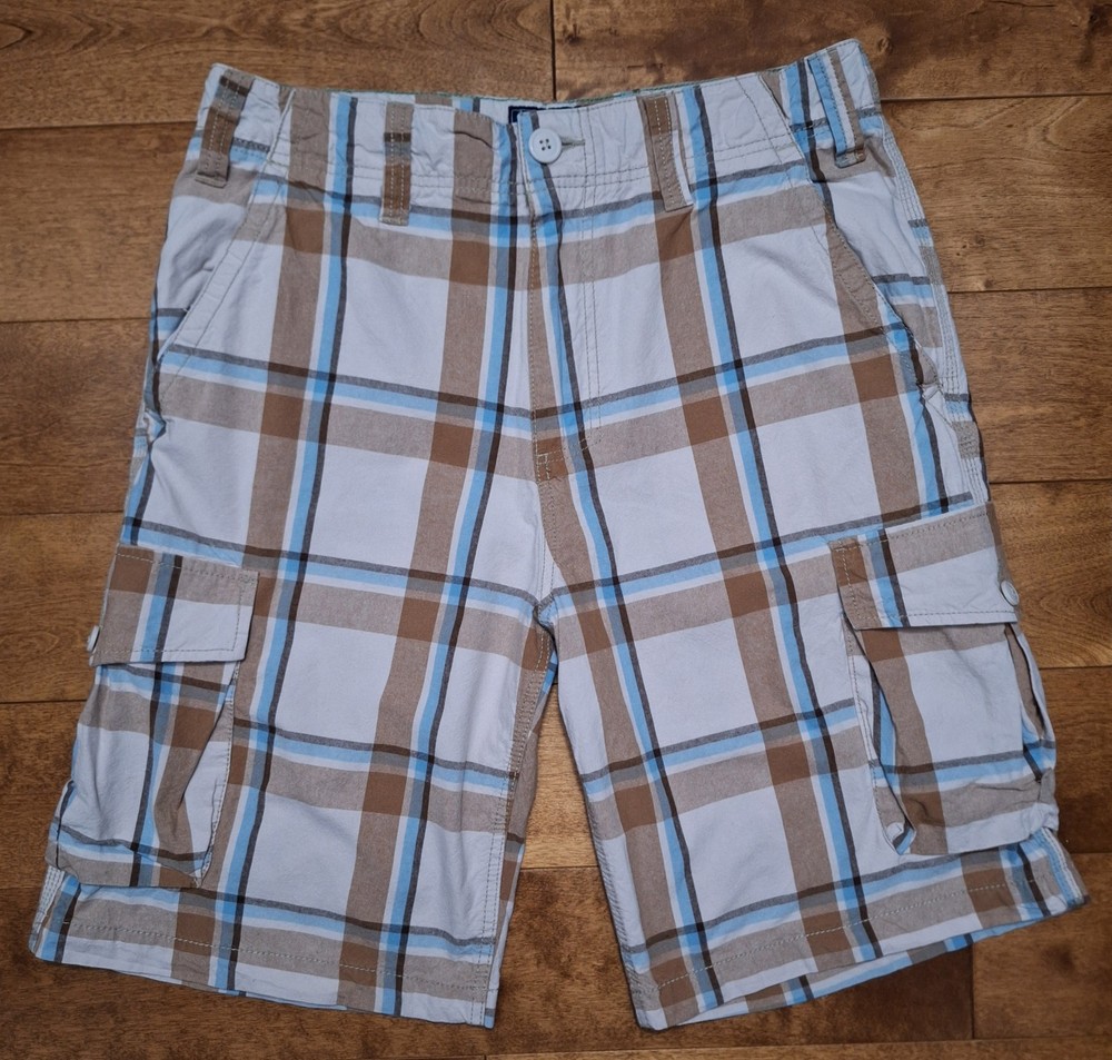 American Rag Cie Men's Plaid Cargo Shorts Size 32x11 Beige Cotton Pockets Casual