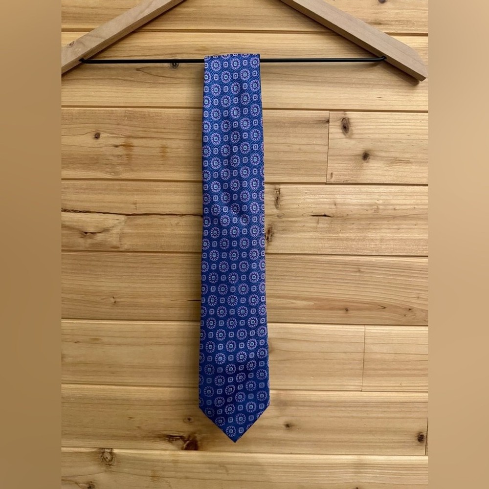 David Donahue Blue Purple Circular Geometric Medallion Burst Silk Tie
