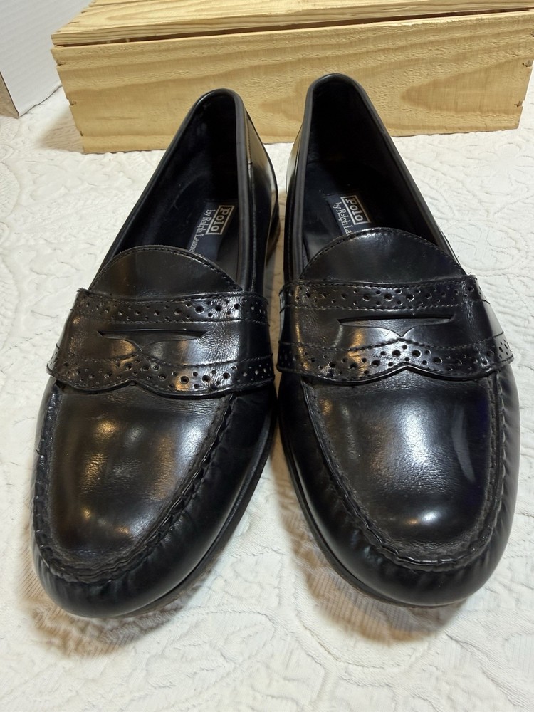 Polo Ralph Lauren Black Leather Penny Loafers Men’s 9.5 D Brogue Slip On Classic
