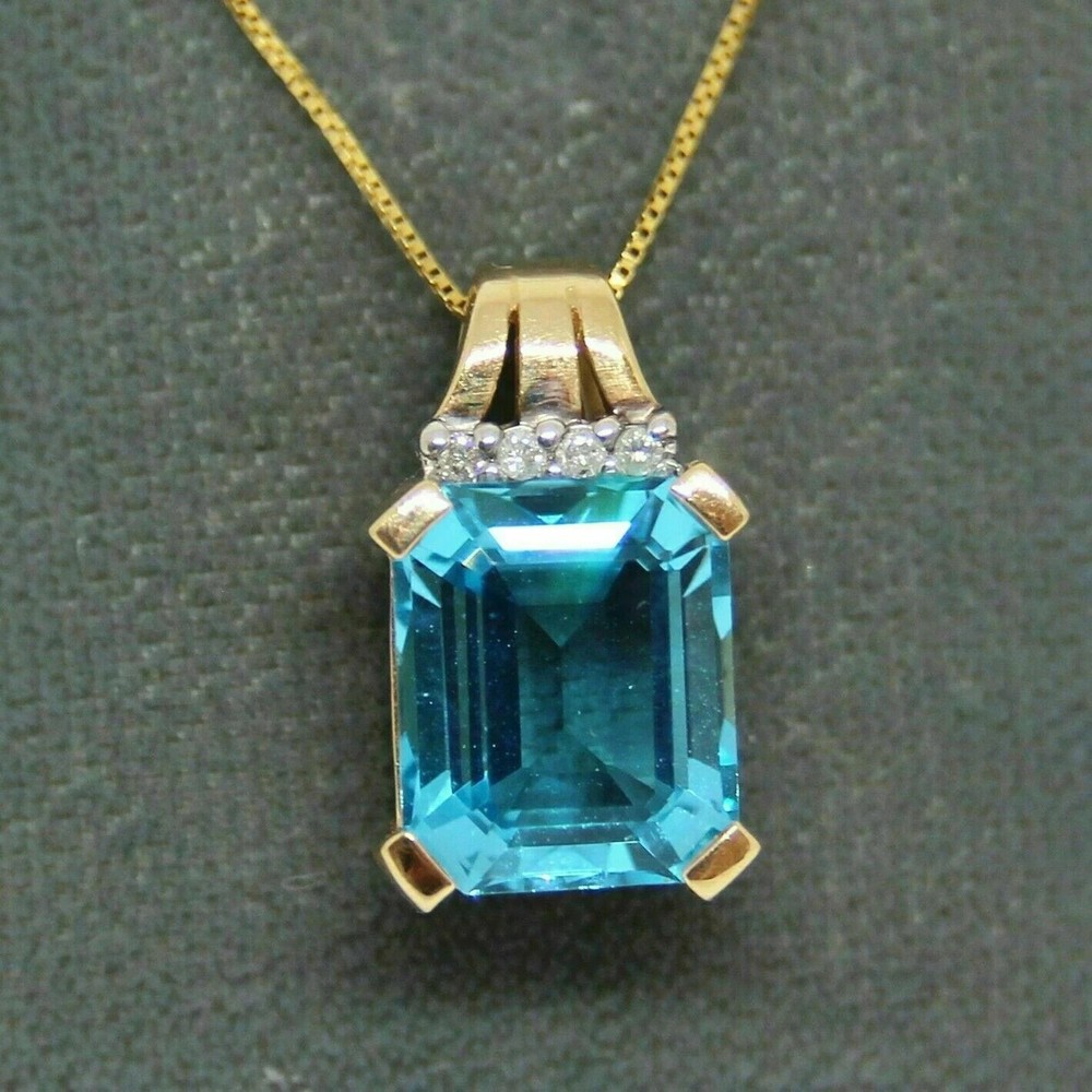 3Ct Emerald Cut Blue Topaz & Diamond Rectangular Pendant 14k Yellow Gold Finish