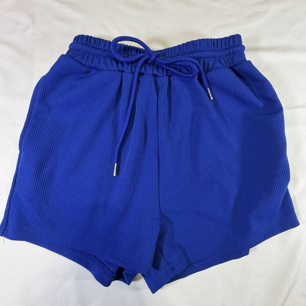 Shein Womens High Rise Ribbed Shorts Pleated Front Drawstring Waist Size S Blue