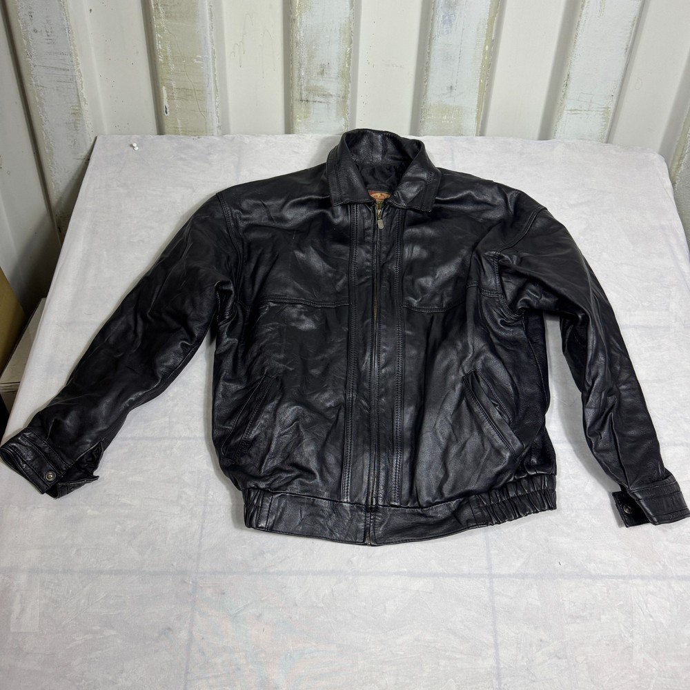 Vintage D’Negrete Mens Bomber Jacket Black Lined Full Zip Genuine Leather Size L